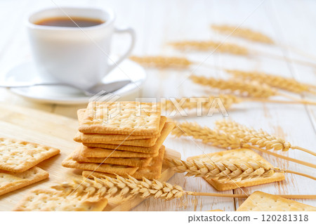 Tasty wheat water crackers and coffee on a light kitchen table, selective focus. 120281318