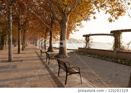 Promenade at Balaton lake in Balatonfured town, Hungary 120281329