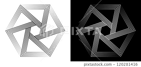 Hexagon shape with linear dynamic elements. Abstract geometric art line background, logo or tattoo. Black shape on a white background and the same white shape on the black side. Hexagon shape with linear dynamic elements. Abstract geometric art line background, logo or tattoo. Black shape on a white background and the same white shape on the black side. 120281416