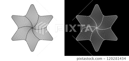 Abstract Star of David with six corners. Art line design star as logo or icon. A black figure on a white background and an equally white figure on the black side. Abstract Star of David with six corners. Art line design star as logo or icon. A black figure on a white background and an equally white figure on the black side. 120281434