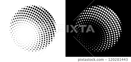 Modern abstract background. Halftone dots in circle form. Round logo. Vector dotted frame. Design element or icon. Black shape on a white background and the same white shape on the black side. Modern abstract background. Halftone dots in circle form. Round logo. Vector dotted frame. Design element or icon. Black shape on a white background and the same white shape on the black side. 120281443