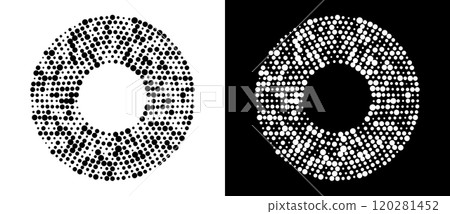Modern abstract background. Halftone dots in circle form. Round logo. Vector dotted frame. Design element or icon. Black shape on a white background and the same white shape on the black side. Modern abstract background. Halftone dots in circle form. Round logo. Vector dotted frame. Design element or icon. Black shape on a white background and the same white shape on the black side. 120281452