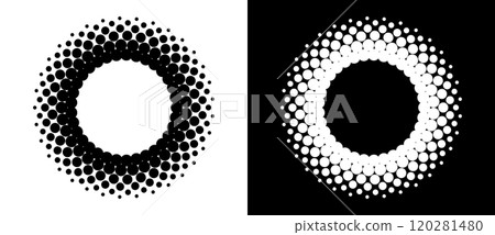Art sun background. Tattoo template or logo with halftone dotted lines. Black shape on a white background and the same white shape on the black side. Art sun background. Tattoo template or logo with halftone dotted lines. Black shape on a white background and the same white shape on the black side. 120281480