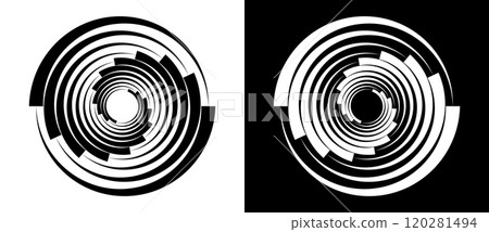 Abstract background with lines in circle. Art design spiral as logo or icon. A black figure on a white background and an equally white figure on the black side. 120281494