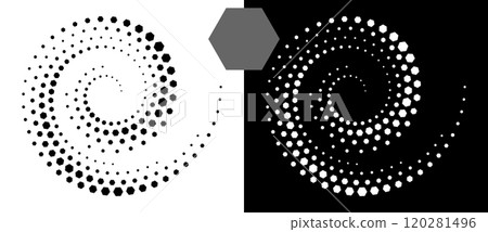 Abstract background with hexagons in spiral. Art design spiral as logo or icon. A black figure on a white background and an equally white figure on the black side. 120281496
