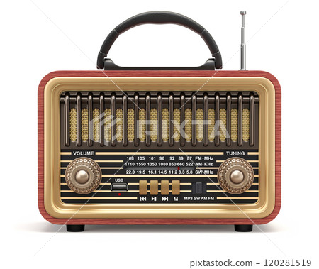 Retro portable radio receiver on white background - 3D illustration 120281519