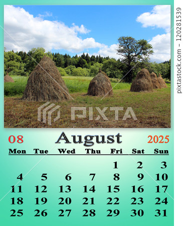 Calendar for August 2025 with photo of haystacks in village. Rural landscape 120281539