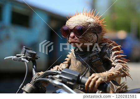 A funny alien creature drives a motorcycle. 120281581