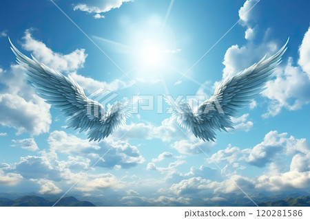 Single wings of an angel on the background of the sky and the sun. Single wings of an angel on the background of the sky and the sun. 120281586
