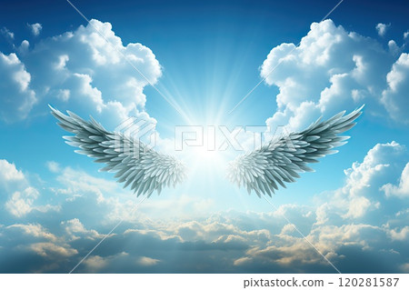 Single wings of an angel on the background of the sky and the sun. 120281587