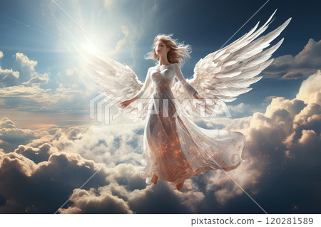 An angel in a blue sky with white fluffy clouds An angel in a blue sky with white fluffy clouds 120281589