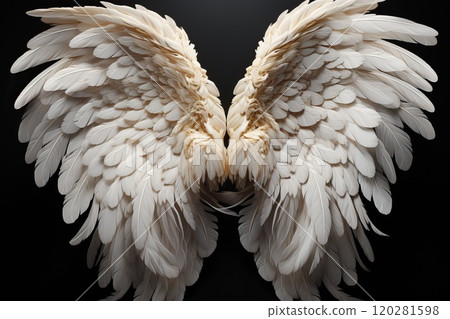 One pair of extremely white wings on a black background with copy space. 120281598
