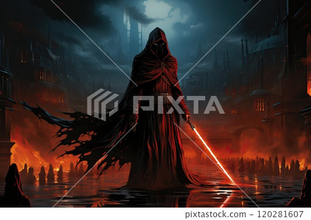 A scary mystical warrior in a cloak with a hood holds a sword with a red light in his hands. 120281607