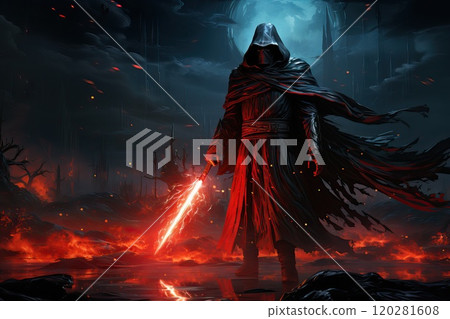A scary mystical warrior in a cloak with a hood holds a sword with a red light in his hands. 120281608