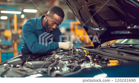 African american auto mechanic has skills in 120281690