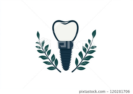 Dental implant with green leaves on white background, logo, Dental symbol. 120281706