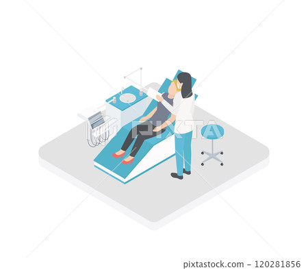 Isometric 3D vector illustration patient at a dentist's appointment. The patient sits in the dental chair. The dentist and nurse examines the patient. 120281856