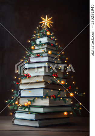 Oil painting of a christmas tree made from a stack of books with fairy lights and holly, evoking a festive and cozy atmosphere 120281946