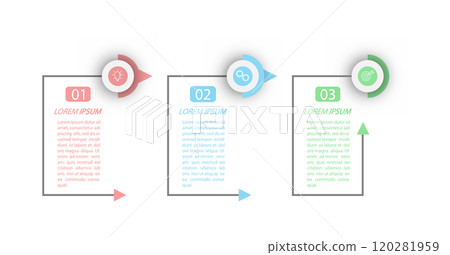 3 stages of development, improvement or training. Infographics with visual action icons for business, finance, project, plan or marketing 120281959