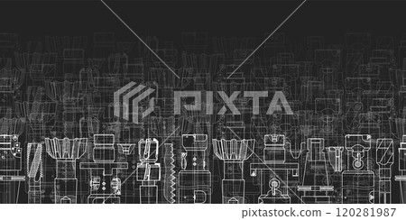 Mechanical engineering drawings on black background. Tap tools, borer. Technical Design. Cover. Blueprint. Seamless pattern. Vector illustration. 120281987