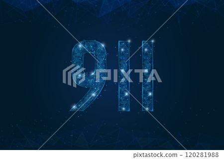 Abstract isolated blue image of The symbolic number 911 nine hundred eleven . Polygonal low poly wireframe illustration looks like stars in the black night sky in space or flying glass shards. 120281988