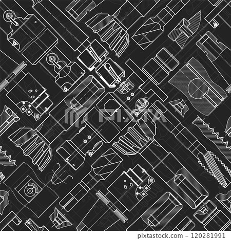 Mechanical engineering drawings on black background. Tap tools, borer. Technical Design. Cover. Blueprint. Seamless pattern. Vector illustration. Mechanical engineering drawings on black background. Tap tools, borer. Technical Design. Cover. Blueprint. Seamless pattern. Vector illustration. 120281991