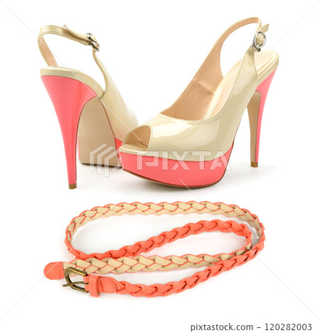 Pair of women's high heel shoes and elegant leather belt isolated on white. Collage. Pair of women's high heel shoes and elegant leather belt isolated on white. Collage. 120282003