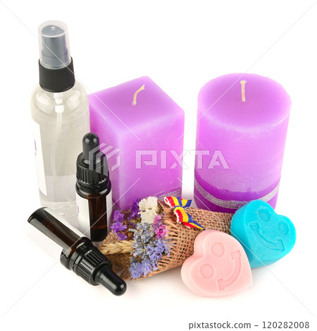 Lavender candle, soap, oil and lotion, isolated on white. Lavender candle, soap, oil and lotion, isolated on white. 120282008