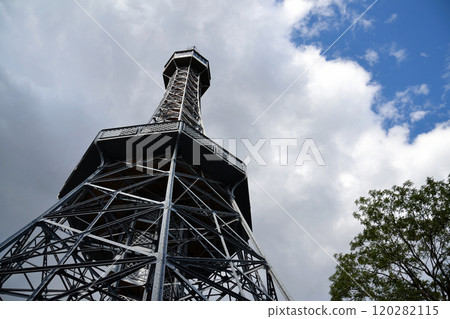 Petrin lookout tower exterior, steel framework observation tower on Petrin Hill in Prague, Czechia, Czech republic, sunny summer day 120282115