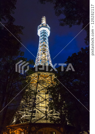 Petrin lookout tower exterior at night, steel framework observation tower on Petrin Hill in Prague, Czechia, Czech republic Petrin lookout tower exterior at night, steel framework observation tower on Petrin Hill in Prague, Czechia, Czech republic 120282117