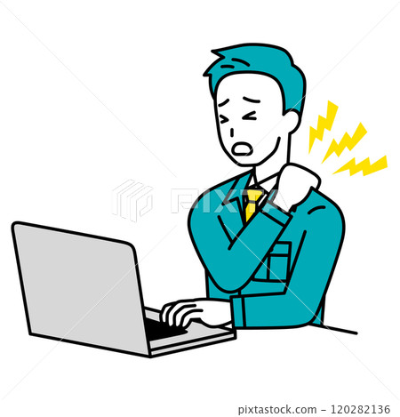Male worker suffering from stiff shoulders while working on a laptop Male worker suffering from stiff shoulders while working on a laptop 120282136