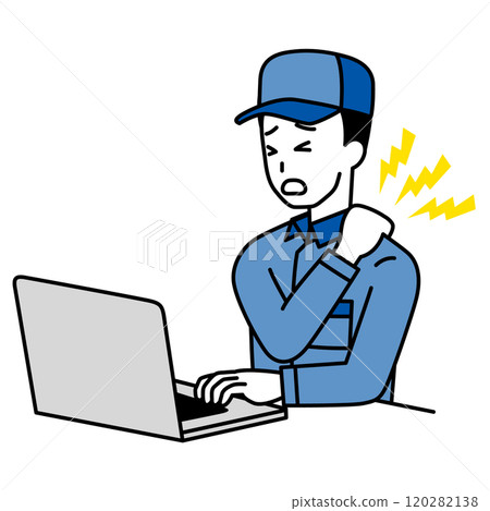 A man in overalls suffering from stiff shoulders while working on a laptop 120282138