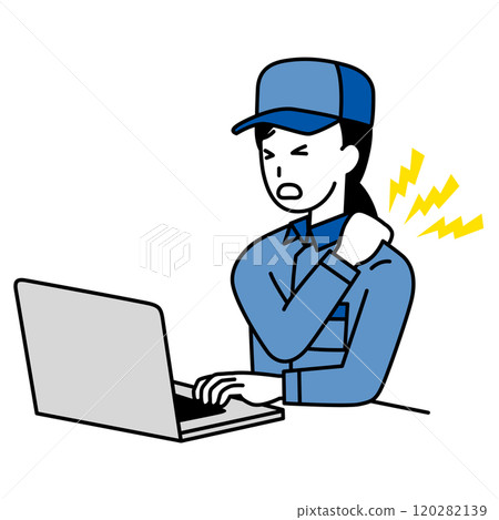 A woman in overalls suffering from stiff shoulders while working on a laptop 120282139
