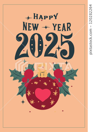 Festive hand-drawn vector card with holiday elements including christmas ball, bells, holly and Happy New Year 2025 text. Perfect for greeting cards, seasonal designs, and winter celebrations. 120282264