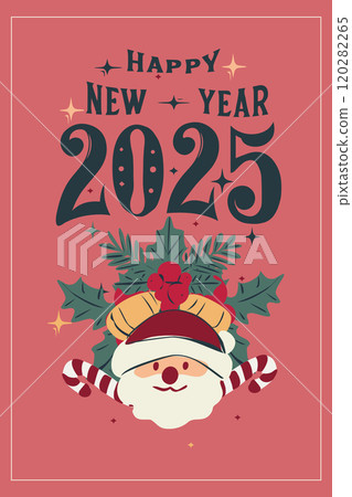 Festive hand-drawn vector card with holiday elements including christmas ball, bells, holly and Happy New Year 2025 text. Perfect for greeting cards, seasonal designs, and winter celebrations. 120282265