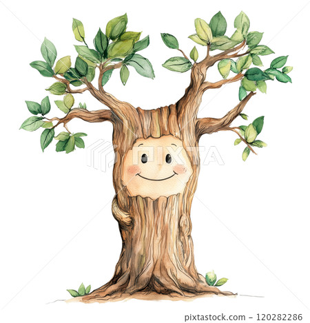 Watercolor Illustration of a Cozy Treehouse with a Chimney, Whimsical Fantasy Design on Transparent Background 120282286