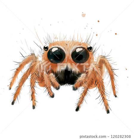Watercolor Illustration of a Cute Jumping Spider with Big Eyes, Whimsical Insect Design on Transparent Background 120282308