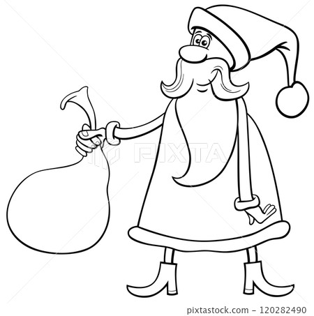 comic Santa Claus character with sack of gifts coloring page 120282490