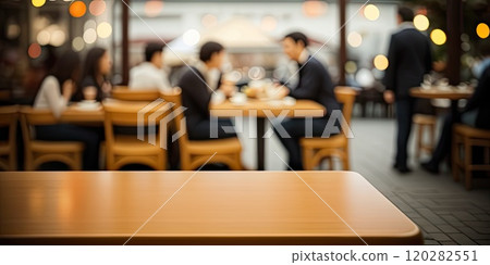 Empty wooden table and blurred cafe interior with people in background. Template for presentation. Ai generation. Copy space 120282551
