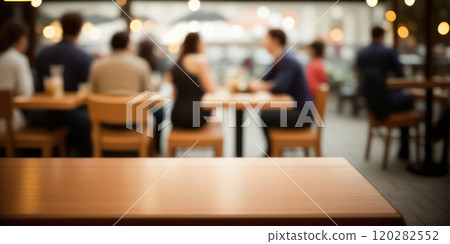 Empty clean wooden table and blurred cafe interior with people in background. Template for presentation. Generative Ai. Copy space Empty clean wooden table and blurred cafe interior with people in background. Template for presentation. Generative Ai. Copy space 120282552