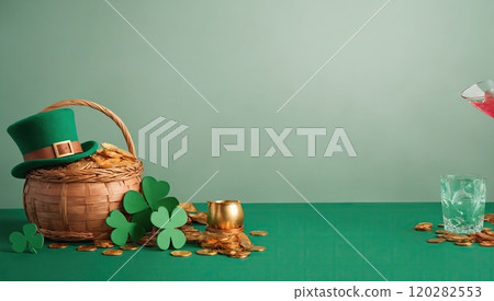 Wicker box with gold, coins and leprechaun hat standing on green table. Web banner with copy space. Concept of St. Patrick's Day. Template of Irish spring holidays. Ai generation 120282553