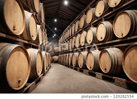 Wine barrels in wine-vaults in order. Kegs of aged alcohol by the type of whiskey, rum and port. Corridor of ancient wine cellar. Generative Ai 120282554