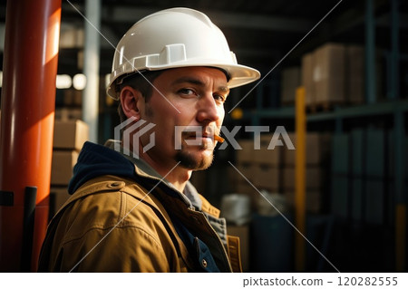 Portrait of adult Caucasian man in white hard hat and overalls posing against background of warehouse and storage. Ai generation. Concept of shipment and industry Portrait of adult Caucasian man in white hard hat and overalls posing against background of warehouse and storage. Ai generation. Concept of shipment and industry 120282555
