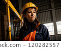Portrait of pretty Caucasian woman in hard hat and overalls against background of wooden scaffolding on construction site. Ai generation. Concept of equality and industry 120282557