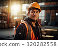Portrait of handsome adult Hispanic man in vest and protective hardhat on background of warehouse. Ai generation. Concept of shipping industry and logistics 120282558
