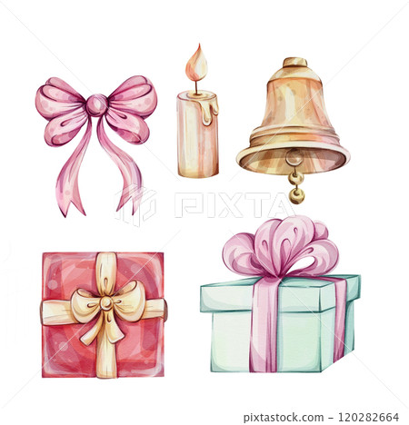Watercolor Christmas clip art with gifts, bell, bow, candle. Xmas collection for design. Hand painted illustrations, isolated on white background Watercolor Christmas clip art with gifts, bell, bow, candle. Xmas collection for design. Hand painted illustrations, isolated on white background 120282664