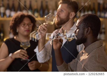 Biracial sommeliers taking sips to check taste quality of white whine Biracial sommeliers taking sips to check taste quality of white whine 120282665