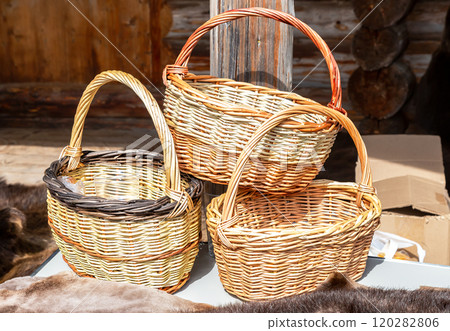 Handmade wicker baskets ready for sale at the local market 120282806