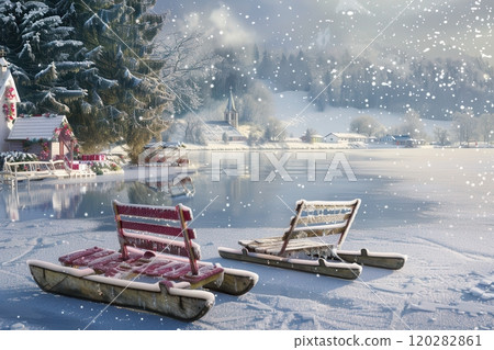 Experience the enchanting Winter Wonderland with a snowy landscape and charming sleds 120282861