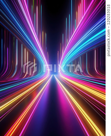 Dynamic light trails create a sense of speed in a cosmic landscape at nighttime. 120283018